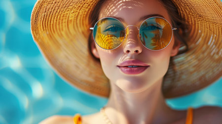 beautiful young bright fashionable girls in colorful swimsuits, sunglasses and large colored hats sunbathe and enjoy the summer. AI generatedの素材