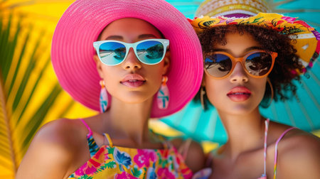 beautiful young bright fashionable girls in colorful swimsuits, sunglasses and large colored hats sunbathe and enjoy the summer. AI generatedの素材