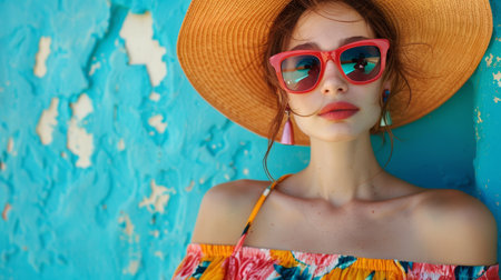 beautiful young bright fashionable girls in colorful swimsuits, sunglasses and large colored hats sunbathe and enjoy the summer. AI generatedの素材