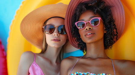 beautiful young bright fashionable girls in colorful swimsuits, sunglasses and large colored hats sunbathe and enjoy the summer. AI generatedの素材