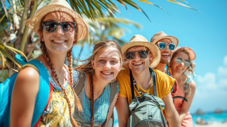 tourists came to the ocean. a group of tourists with backpacks walk along the ocean shore. AI generatedの素材