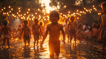 happy children running on meadow in summer in nature. AI generatedの素材