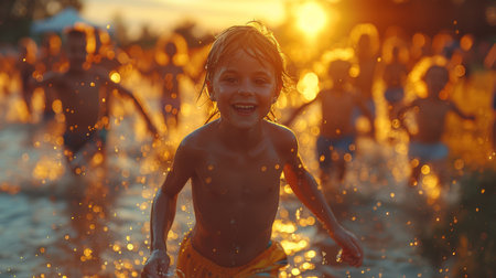 happy children running on meadow in summer in nature. AI generatedの素材