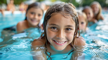 happy children enjoy summer and swim in the pool. AI generatedの素材