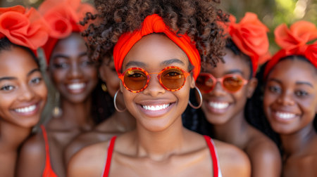 beautiful young bright fashionable girls in colorful swimsuits, sunglasses and large colored hats sunbathe and enjoy the summer. AI generatedの素材