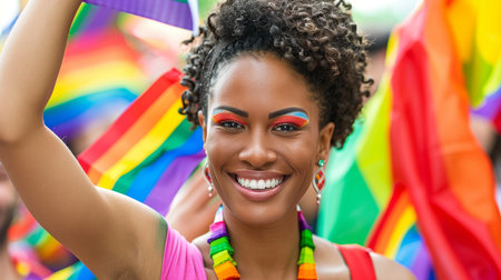 Diversity young gay women waving pride rainbow flag in their backs supporting LGBTQ pride in the park. Independence and polygamy. Supporters of the LGBT community. AI generated.の素材