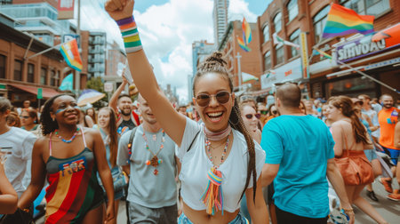 Diversity young gay women waving pride rainbow flag in their backs supporting LGBTQ pride in the park. Independence and polygamy. Supporters of the LGBT community. AI generated.の素材