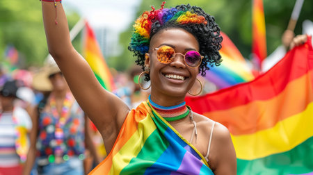 Diversity young gay women waving pride rainbow flag in their backs supporting LGBTQ pride in the park. Independence and polygamy. Supporters of the LGBT community. AI generated.の素材