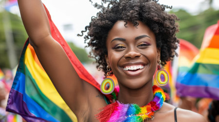 Diversity young gay women waving pride rainbow flag in their backs supporting LGBTQ pride in the park. Independence and polygamy. Supporters of the LGBT community. AI generated.の素材
