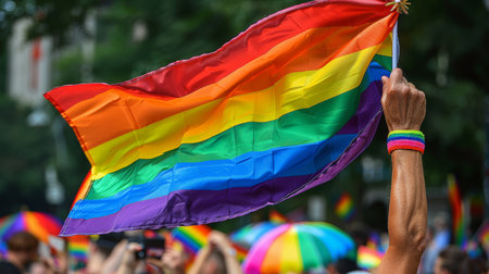Silhouettes of People Holding Gay Pride Symbol FLag. AI generatedの素材
