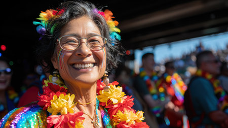 Diversity young gay women gay waving pride rainbow flag in their backs supporting LGBTQ pride in the park. Independence and polygamy. Supporters of the LGBT community. AI generated.の素材