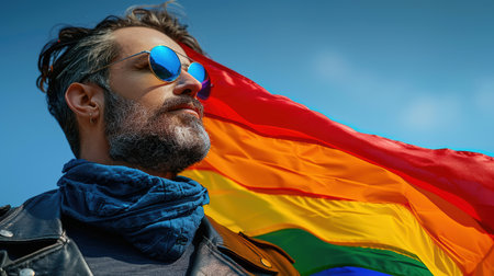 Diversity young gay waving pride rainbow flag in their backs supporting LGBTQ pride in the park. Independence and polygamy. Supporters of the LGBT community. AI generated.の素材