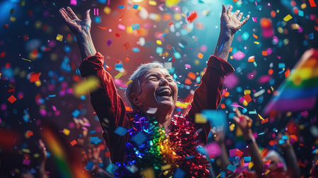 Diversity non binary person waving pride rainbow flag in their backs supporting LGBTQ pride in the park. Independence and polygamy. Supporters of the LGBT community. AI generated.の素材