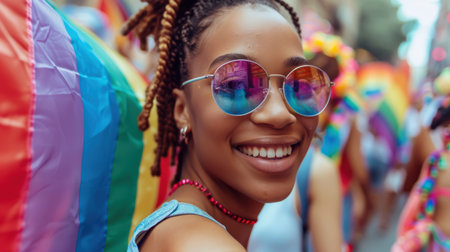 Diversity young gay women waving pride rainbow flag in their backs supporting LGBTQ pride in the park. Independence and polygamy. Supporters of the LGBT community. AI generated.の素材