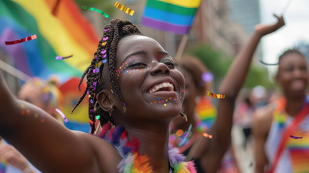 Diversity young gay women gay waving pride rainbow flag in their backs supporting LGBTQ pride in the park. Independence and polygamy. Supporters of the LGBT community. AI generated.の素材