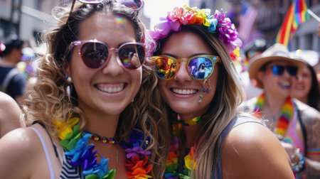 Diversity young gay women gay waving pride rainbow flag in their backs supporting LGBTQ pride in the park. Independence and polygamy. Supporters of the LGBT community. AI generated.の素材