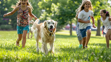 cheerful happy multi ethnic children playing and having fun. AI generatedの素材