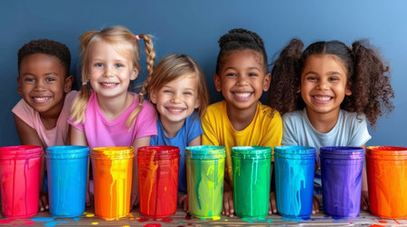 cheerful happy multi ethnic children playing with paints and having fun. AI generatedの素材