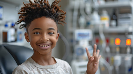Cheerful smiling boy 7-9 years old in bed. The child lies on a pillow Cheerful awakening of the child after sleep in the hospital. AI generationの素材