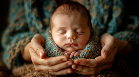 newborn sleeps on a hand. AI generatedの素材