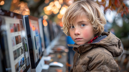 Cheerful smiling boy 7-9 years old in school. AI generatedの素材