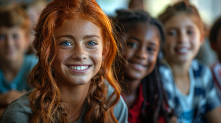 cheerful happy multi ethnic children playing and having fun. AI generatedの素材