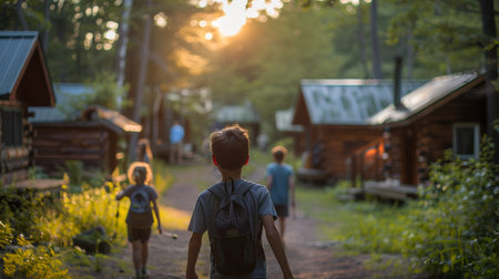 cheerful happy multi ethnic children playing and having fun. live in a tourist camp, walk with a backpack. AI generatedの素材
