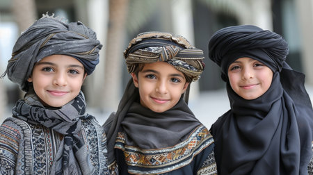 cheerful happy multi ethnic muslim children playing and having fun. AI generatedの素材