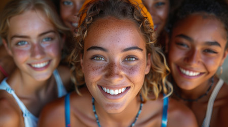 cheerful happy multi ethnic children playing and having fun. AI generatedの素材