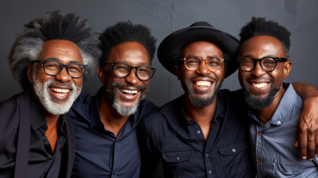 Four handsome african men blue background happy face smiling looking at the camera. Positive person. AI generatedの素材