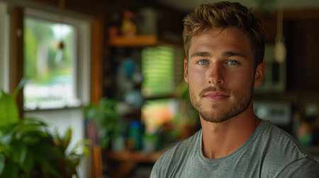 portrait of a handsome young man in casual clothes. AI generatedの素材