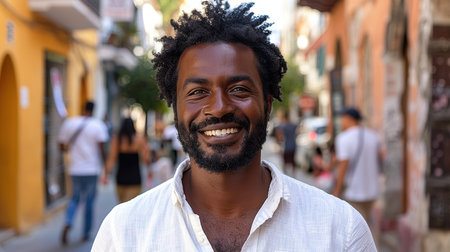 Young handsome African man happy face smiling looking at the camera. Positive person. AI generatedの素材