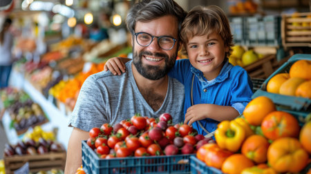 Happy father and son hugs. AI generatedの素材