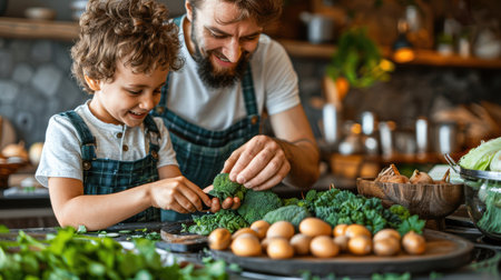 Happy father and son hugs. AI generatedの素材