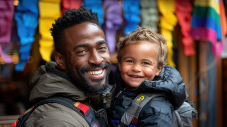 Happy father and son hugs. AI generatedの素材