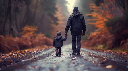 Happy father and son hugs outdoors. AI generatedの素材