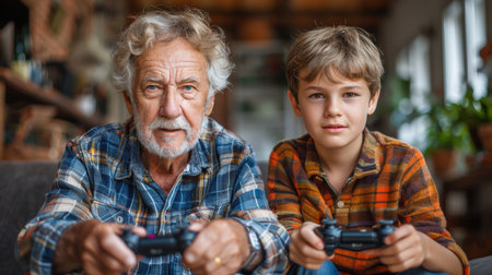 Happy grandfather and grandson hold joysticks in their hands and enthusiastically play a computer game. AI generatedの素材