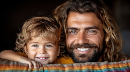 Happy father and son hugs. AI generatedの素材