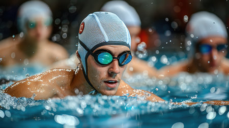 close-up shot of swimmer's face, wearing blue goggles and swim cap. goggles are covered with water droplets, and blurred background highlights swimmer's intense focus and determination AI generatedの素材