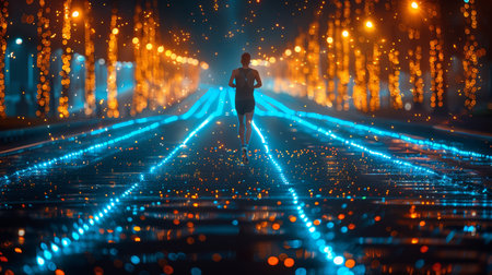 A muscular athlete is depicted in a dynamic running pose, wearing a white tank top and shorts. The background is an artistic, swirling mix of blue and white, evoking a sense of speed and power. AI generatedの素材