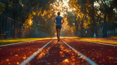 A muscular athlete is depicted in a dynamic running pose, wearing a white tank top and shorts. The background is an artistic, swirling mix of blue and white, evoking a sense of speed and power. AI generatedの素材