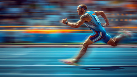 muscular athlete is depicted in dynamic running pose, wearing white tank top and shorts. background is an artistic, swirling mix of blue and white, evoking a sense of speed and power. AI generatedの素材