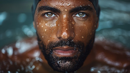 close-up shot of swimmer's face, wearing blue goggles and swim cap. goggles are covered with water droplets, and blurred background highlights swimmer's intense focus and determination AI generatedの素材