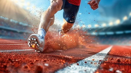 close-up shot of the runner's legs and blue shoes on track, with dynamic, low-angle perspective. vibrant blue track contrasts with orange and white highlights, evoking motion and energy. AI generated.の素材