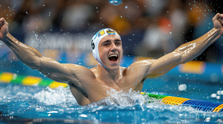 happy young guy athlete swimmer winner in the pool raised his hands up showing triumph. AI generatedの素材