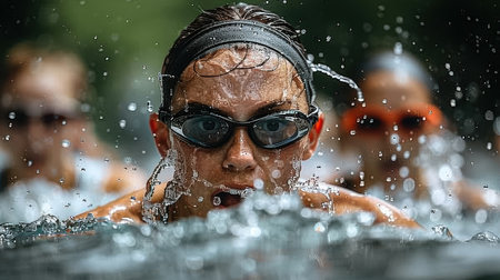 close-up shot of swimmer's face, wearing blue goggles and swim cap. goggles are covered with water droplets, and blurred background highlights swimmer's intense focus and determination AI generatedの素材