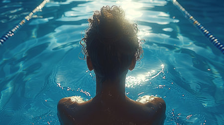 close-up swimmer's young woman face, wearing swim cap. goggles are covered with water droplets, and blurred background highlights swimmer's intense focus and determination AI generatedの素材