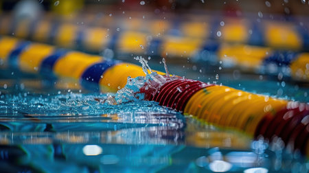 An indoor swimming pool awaits competitors. numbered lanes indicate a venue prepared for a swimming competition or training. AI generatedの素材