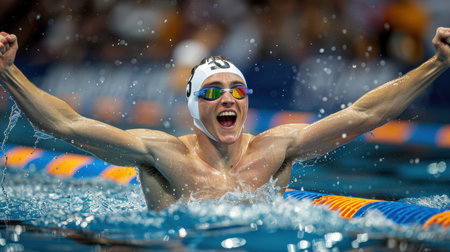 happy young guy athlete swimmer winner in the pool raised his hands up showing triumph. AI generatedの素材