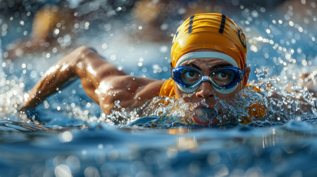 close-up shot of swimmer's face, wearing blue goggles and swim cap. goggles are covered with water droplets, and blurred background highlights swimmer's intense focus and determination AI generatedの素材